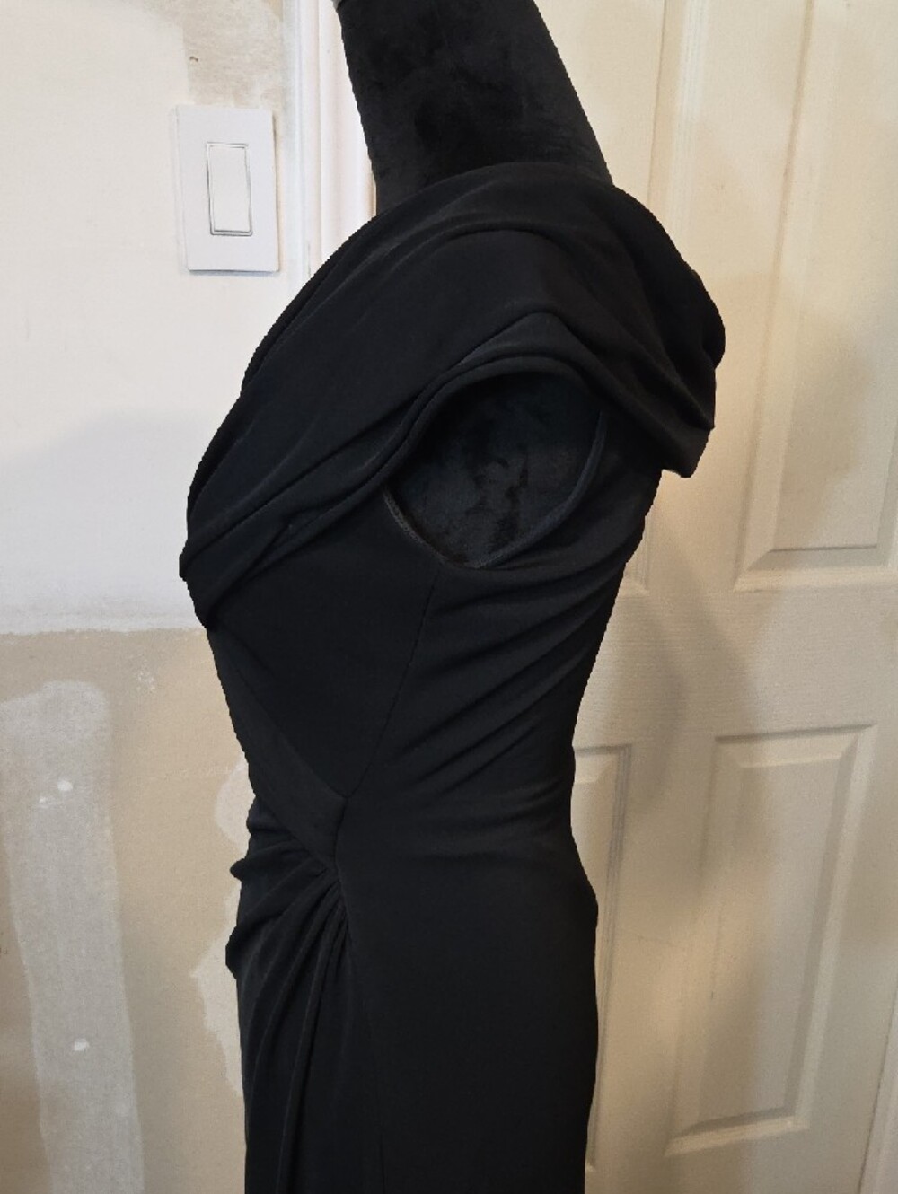 TADASHI Black Draped Maxi Dress Side Knot Crossed Bodice Short Sleeve Elegant - Picture 5 of 12